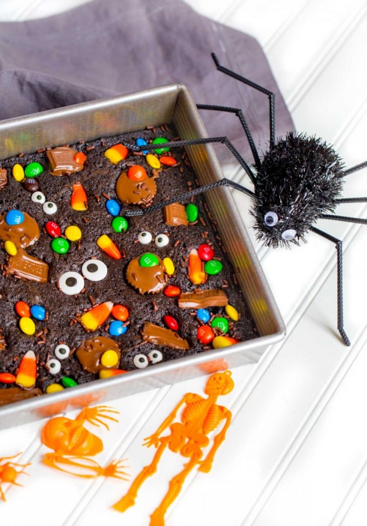 Brownie recipe made with leftover Halloween candy.