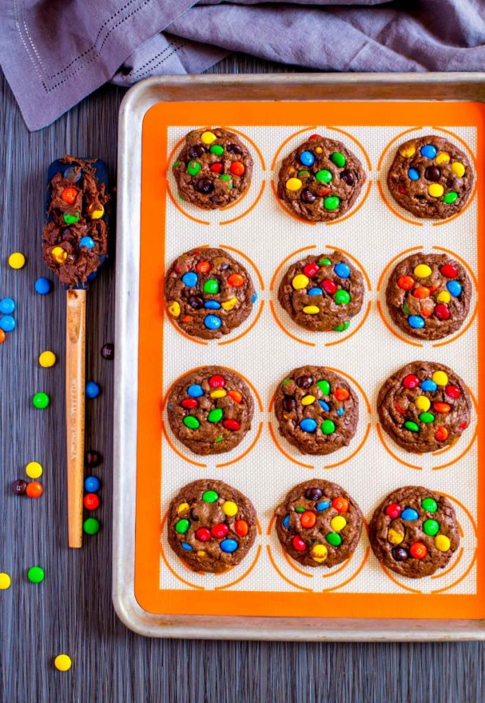 A baking tray with M&M Cookies 
