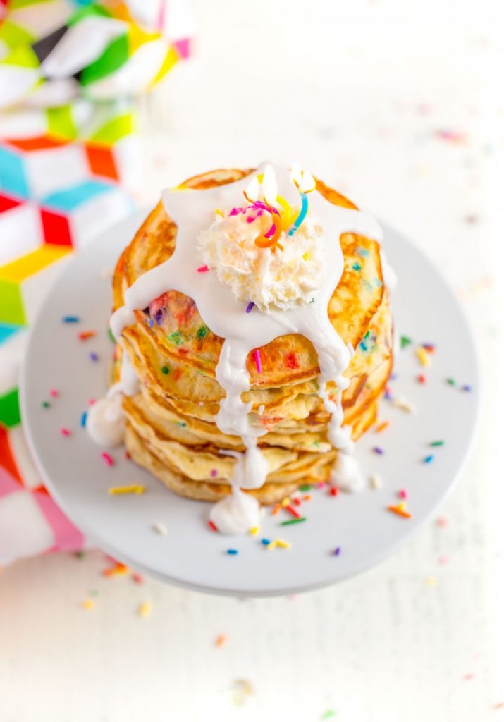 Pancakes from Scratch with sprinkles of colorful funfetti.