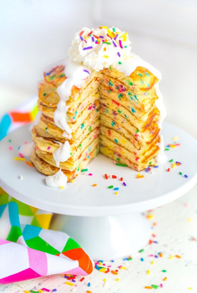 Homemade Pancakes on a cake stand.