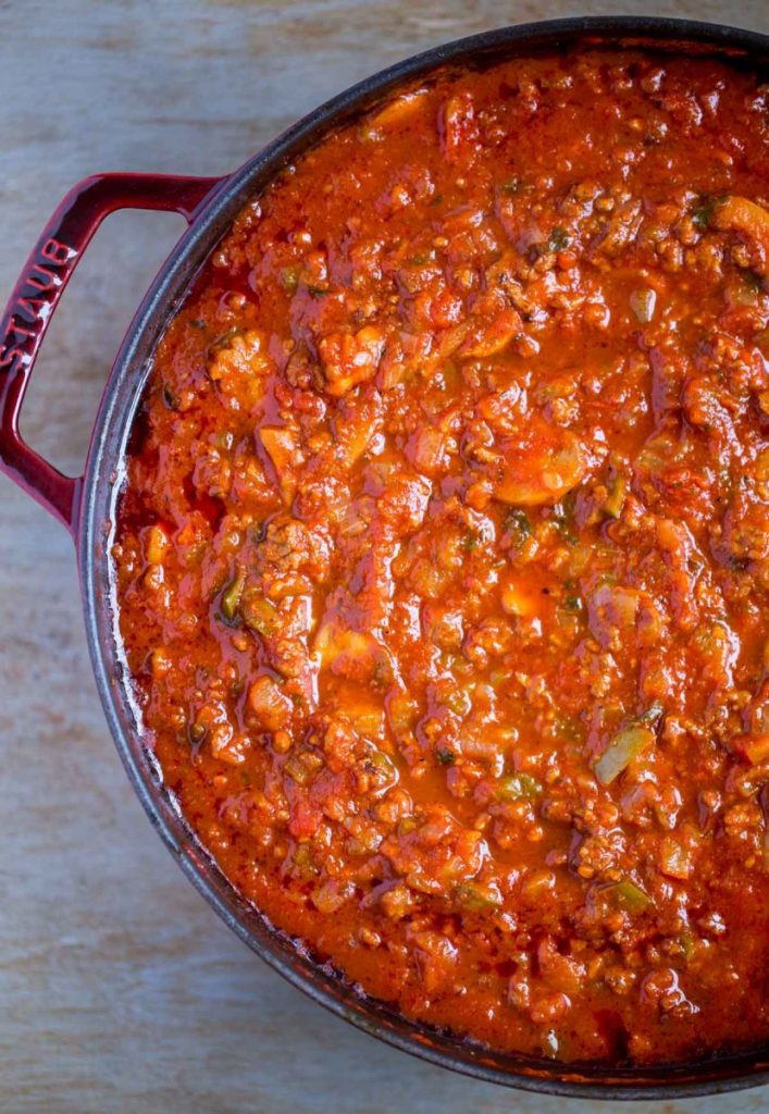Spaghetti sauce in a Staub Universal Pan
