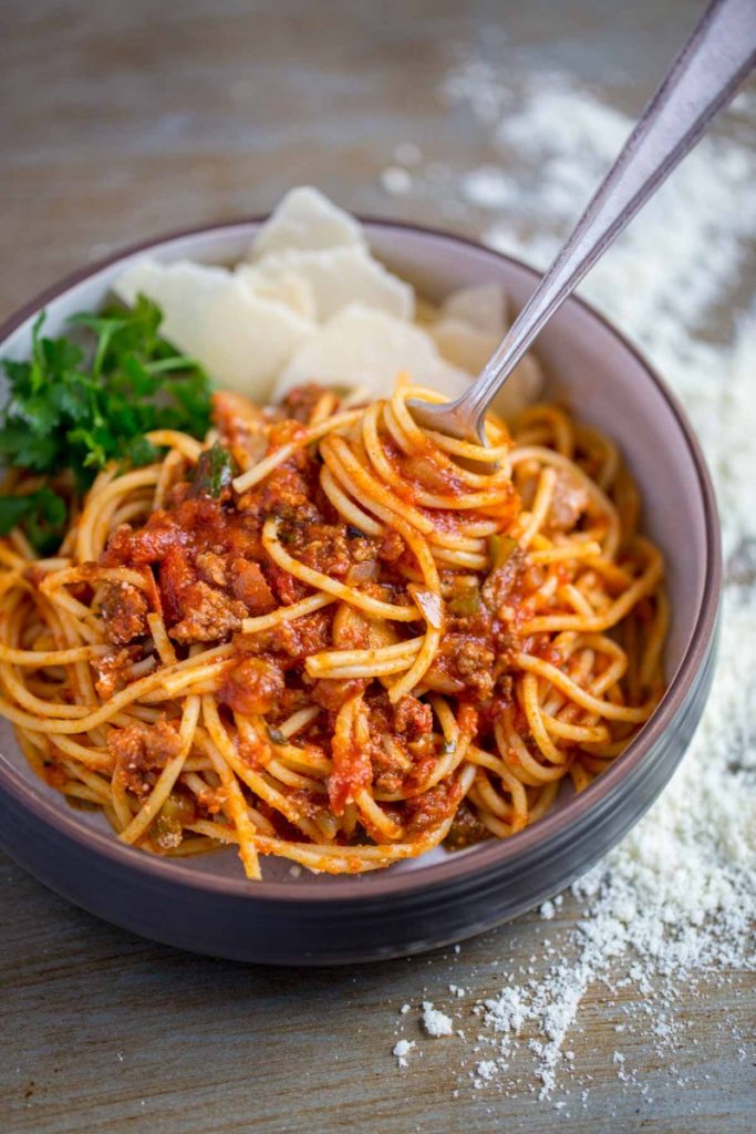Spaghetti sauce from scratch served with thin spaghetti