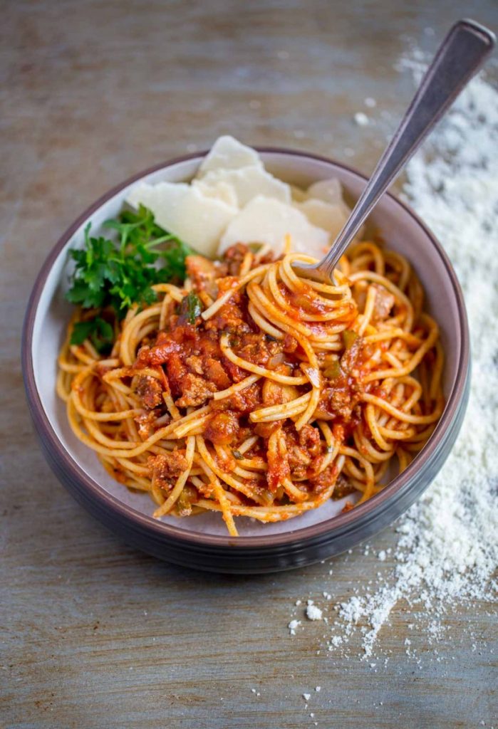 Serving of spaghetti sauce and pasta in a bowl