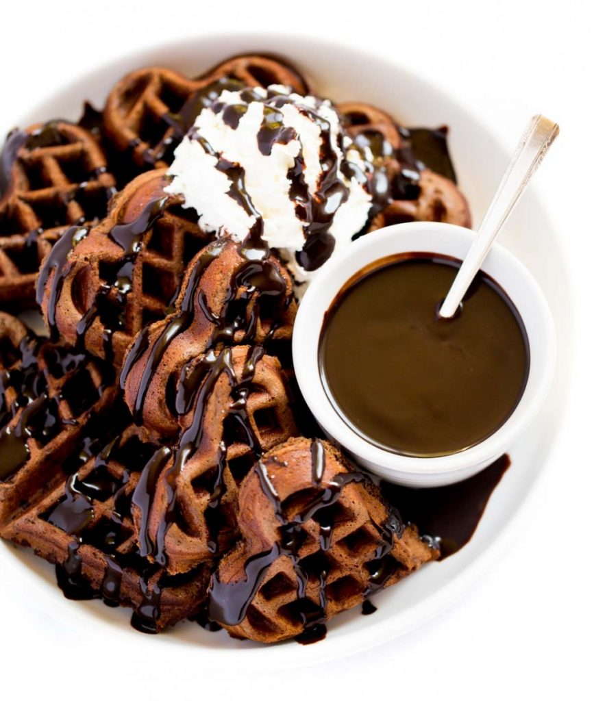Dark Chocolate Waffles made with a heart-shaped waffle iron.