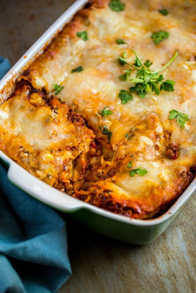 Best Lasagna Recipe served hot out of the oven.