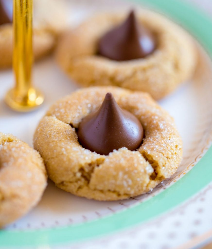 Close up image of peanut butter blossom cookies.