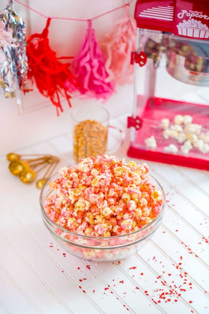 Pink Popcorn recipe with list of kitchen tools.