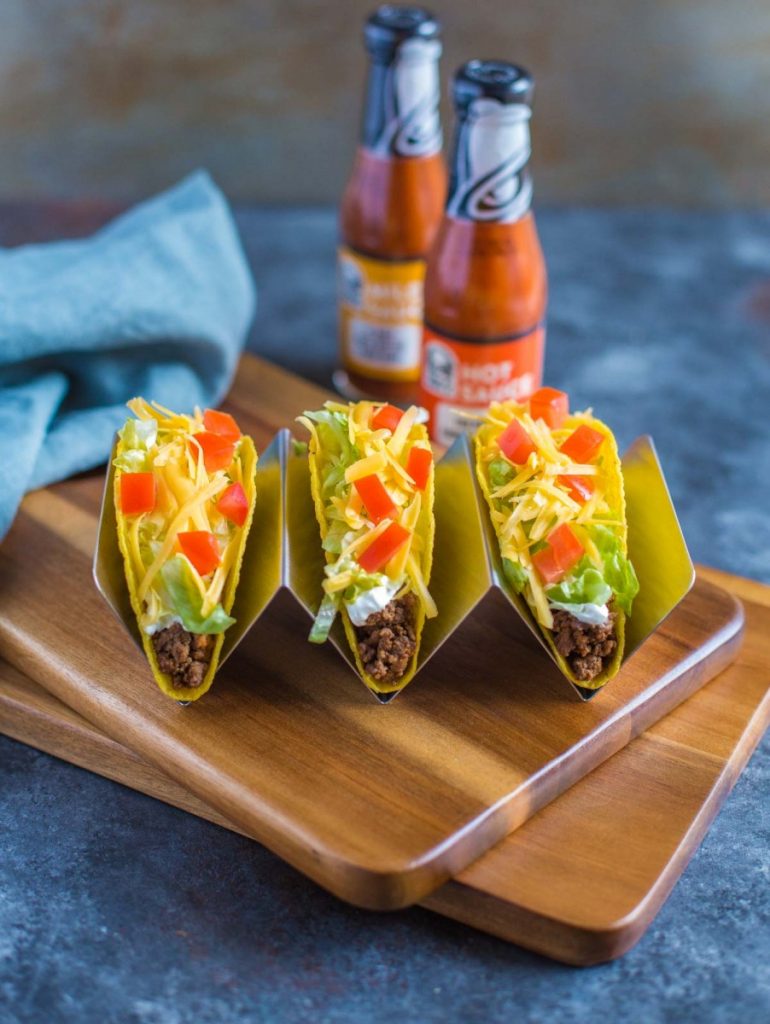 Taco Bell crunchy ground beef tacos assembled with homemade Taco Bell taco seasoning.