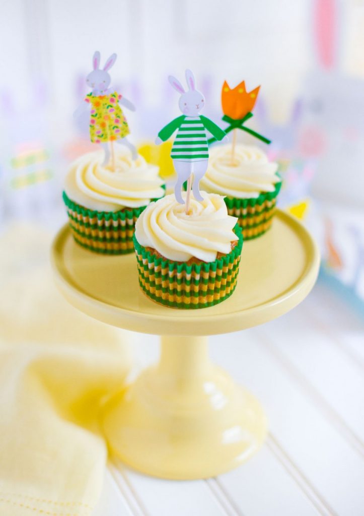 Carrot cake cupcakes with cream cheese frosting with Meri Meri cupcake toppers.