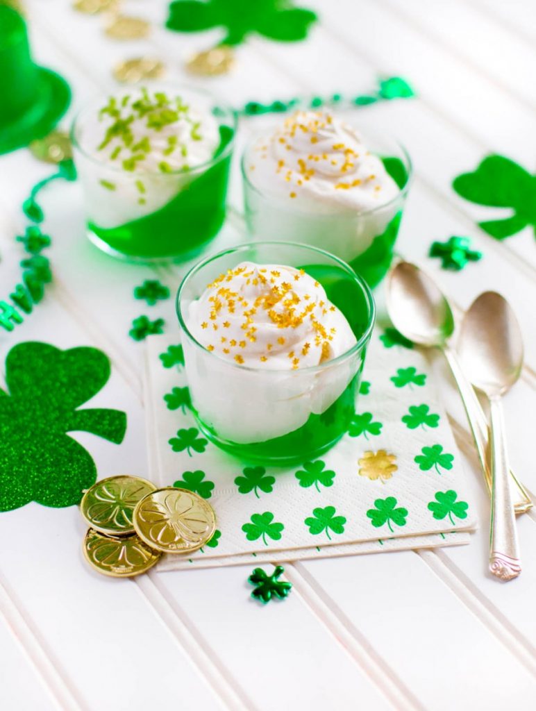 St. Patrick's Day Jello Cups ready to be enjoyed with a spoon.
