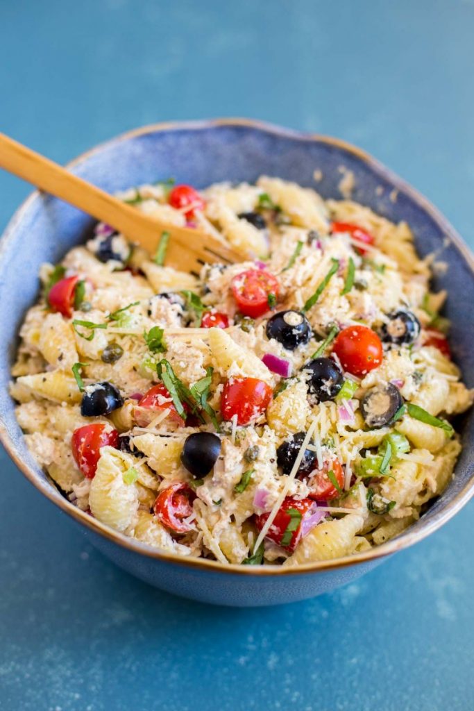 Tuna Pasta Salad with Capers and Colorful Veggies