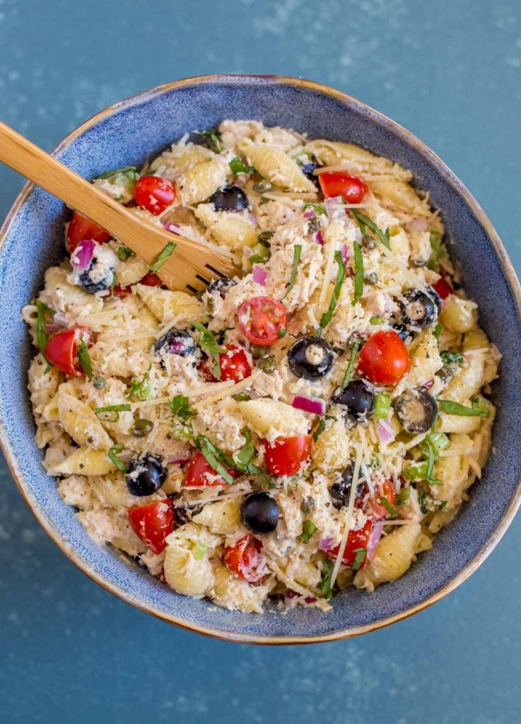 Tuna Pasta Salad served in a large blue bowl.