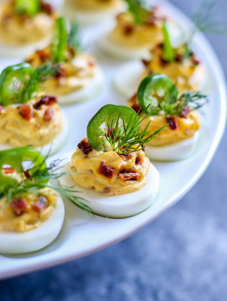 Close up look at best deviled eggs with bacon