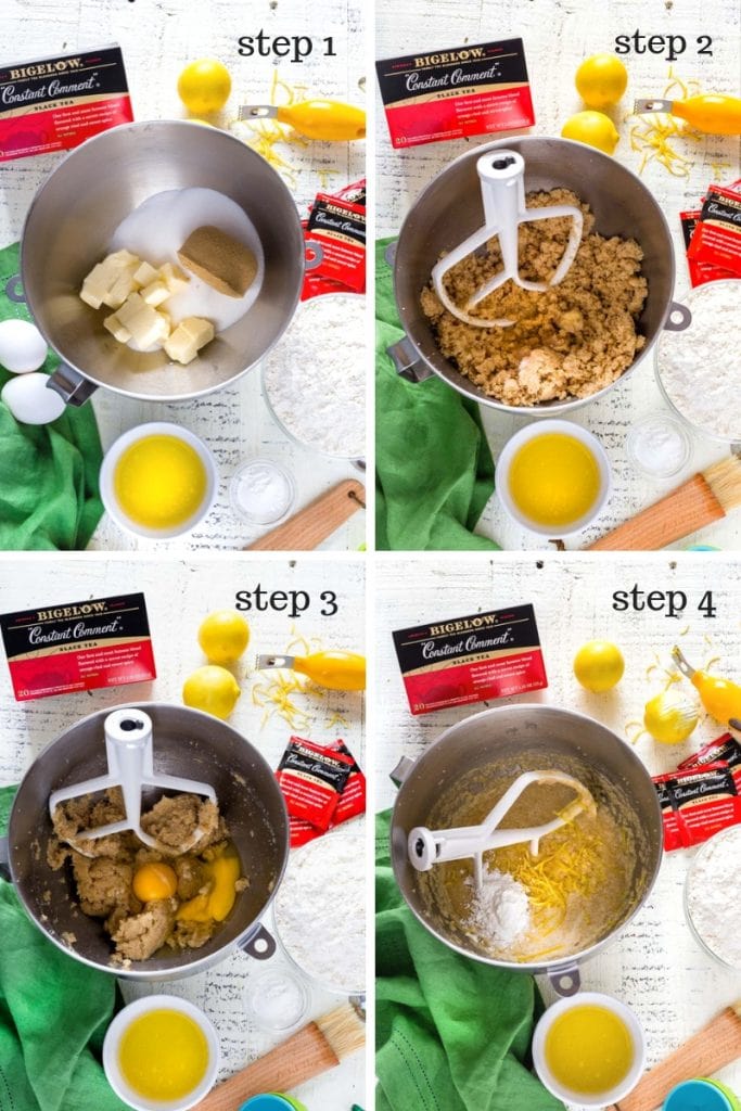 A collage of 4 overhead images showing how to make biscotti, step by step.