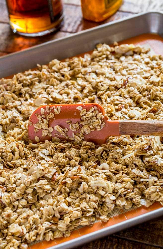 Homemade granola on a baking tray