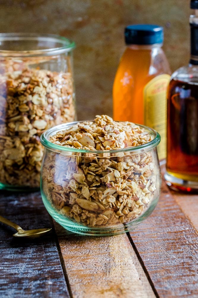 Healthy homemade granola in a glass jar.