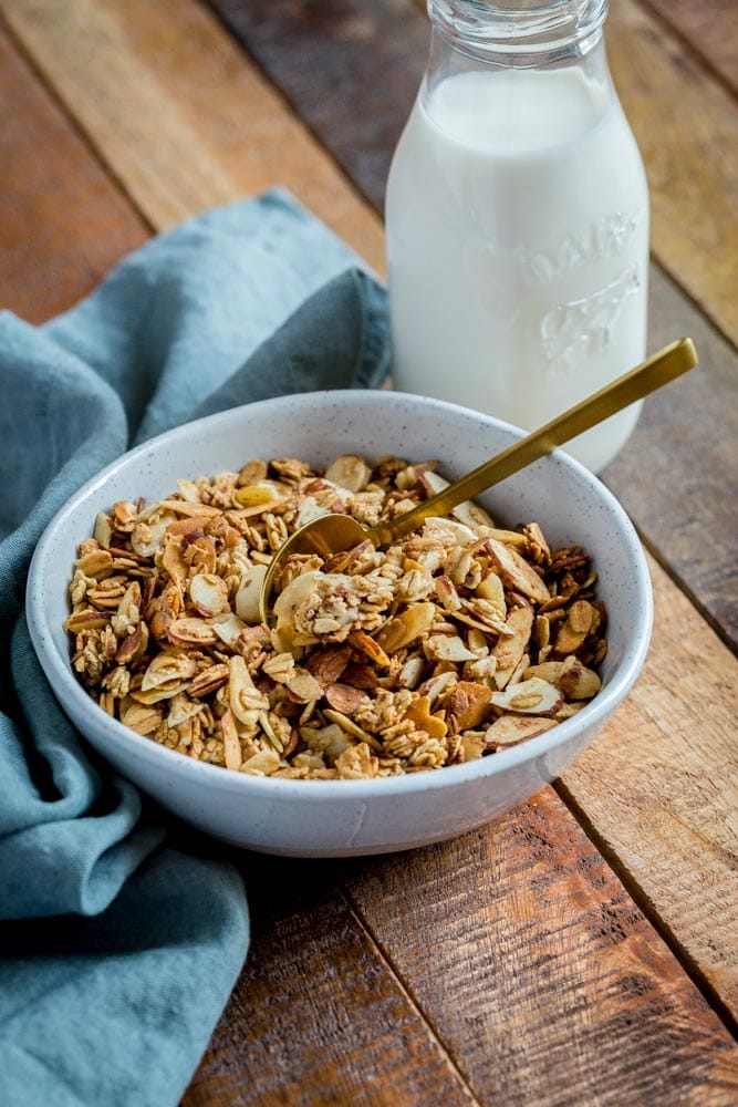 Granola in a bowl with milk.