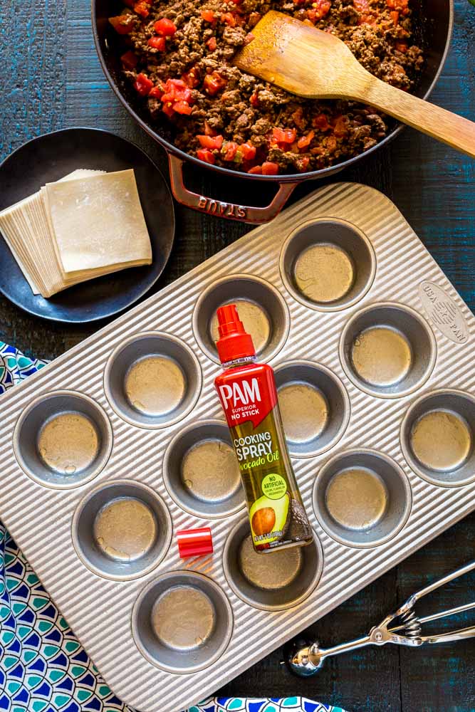 Prepared cupcake pans for wonton taco cups.