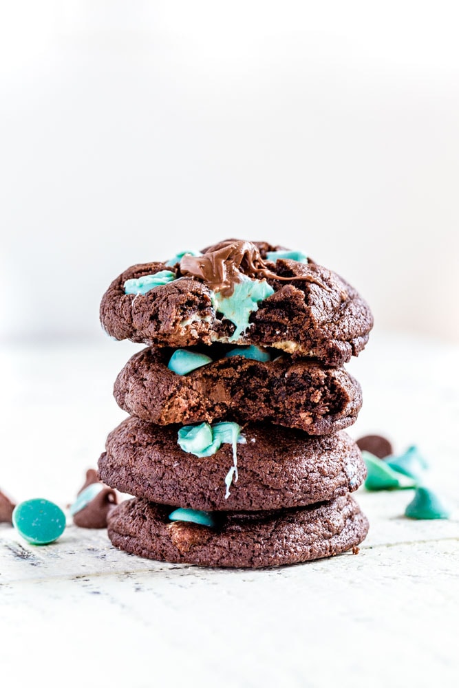 A stack of mint chocolate chip cookies.
