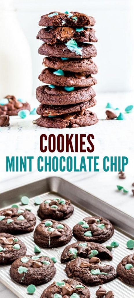 A stack of 8 mint chocolate chip cookies with milk in the background.