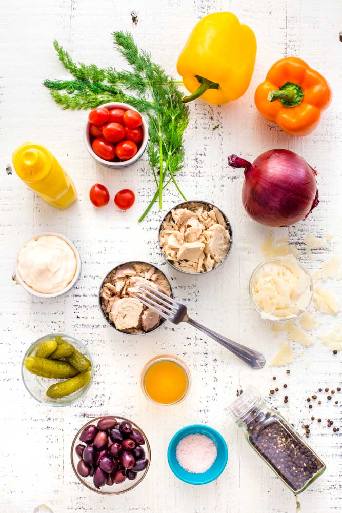 A flat lay image of healthy ingredients for tuna salad.