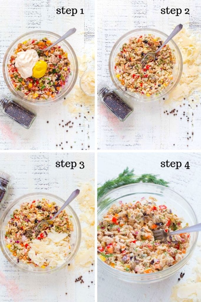 Four images showing the steps for how to make tuna salad.