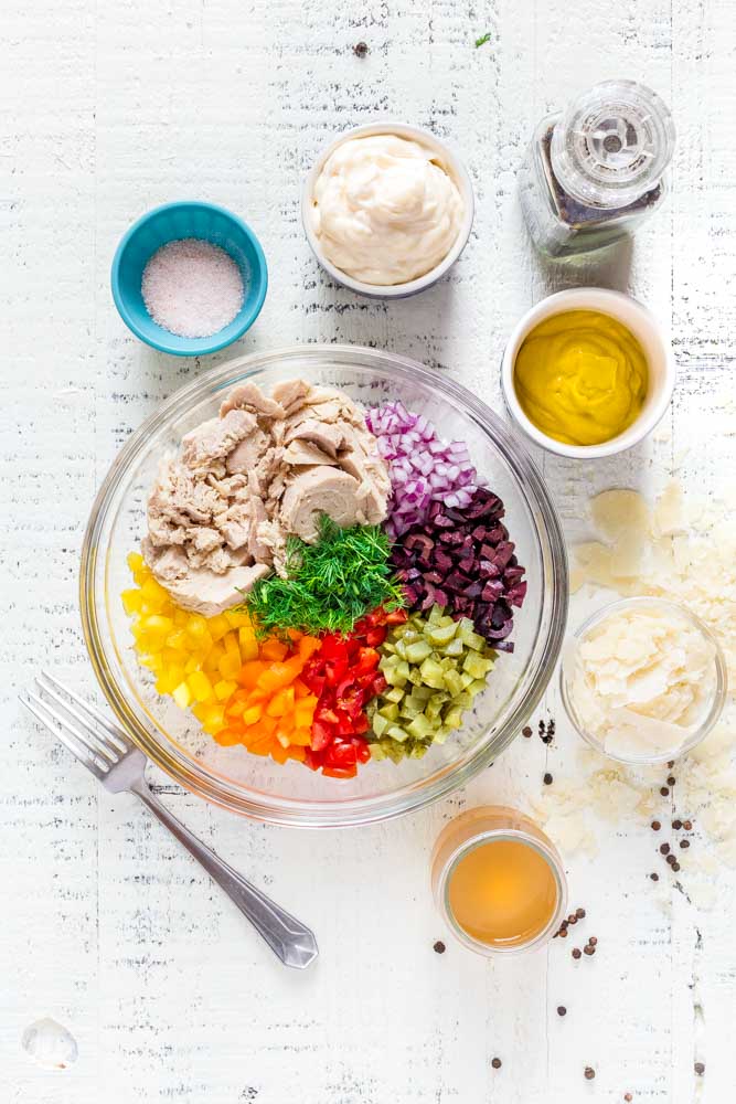 Fresh colorful ingredients for healthy tuna salad.