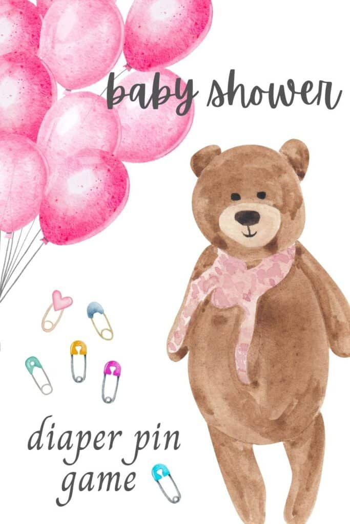 Hard Stock Card: Baby Shower Diaper Pin Game. A white card with watercolor pink balloons, brown teddy bear, and pastel colored diaper pins.