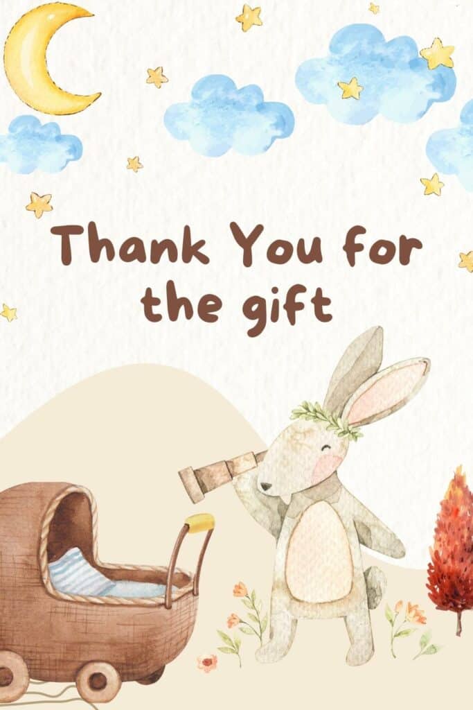 Hard Stock Card Wording: Thank you for the gift. The card is hand drawn with puffy blue pastel clouds in the sky with golden stars and a crescent moon. Below is a bunny with a telescope looking into a brown baby buggy.