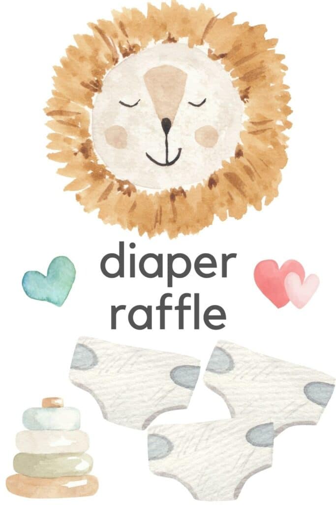 Card Wording: Baby Shower Diaper Raffle. The top of the card shows a watercolor image of a baby lion's friendly face, pastel blue and pink hearts, 3 baby diapers, and a stacking toy.
