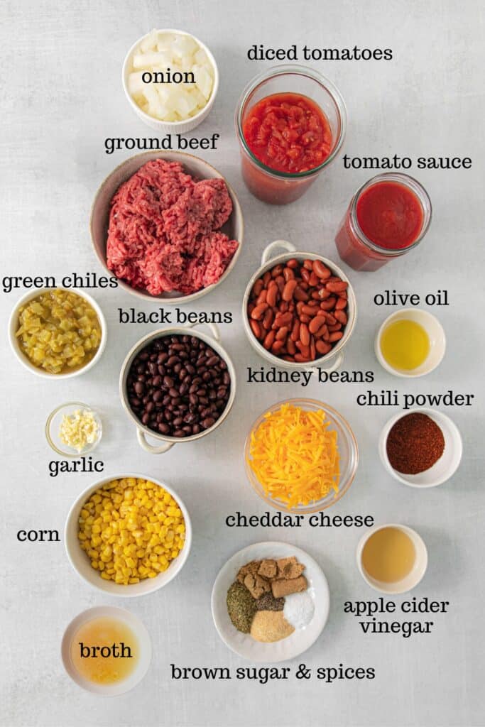 Ingredients for homemade Texas Roadhouse Chili Recipe.