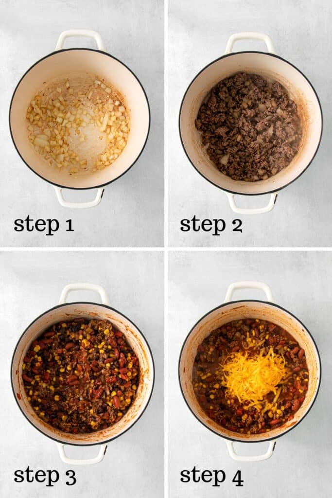 How to make meaty chili beans on stovetop for a cornbread cowboy casserole.