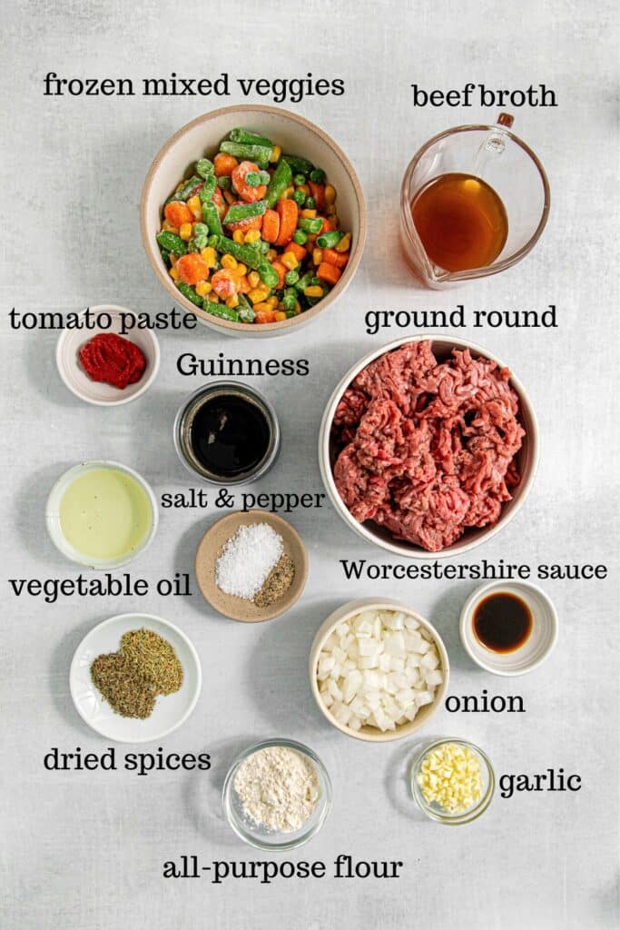 Ingredients to make the meat and veggie filling for the best Guinness shepherd's pie.