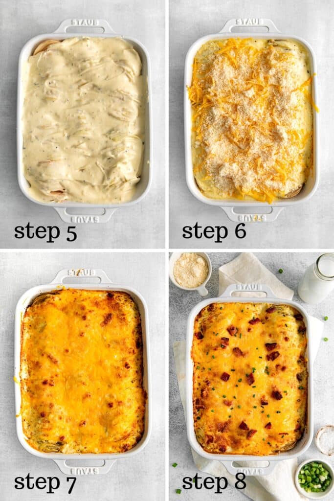How to layer, bake and garnish loaded cheesy scalloped potatoes.