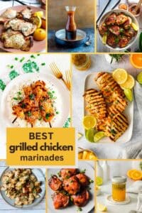 Recipe round-up for the BEST grilled chicken marinades. An 8-image collage.