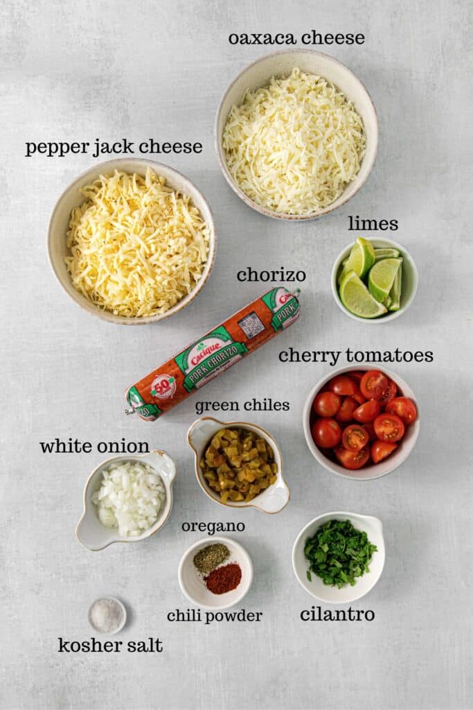 Ingredients for making queso fundido recipe.