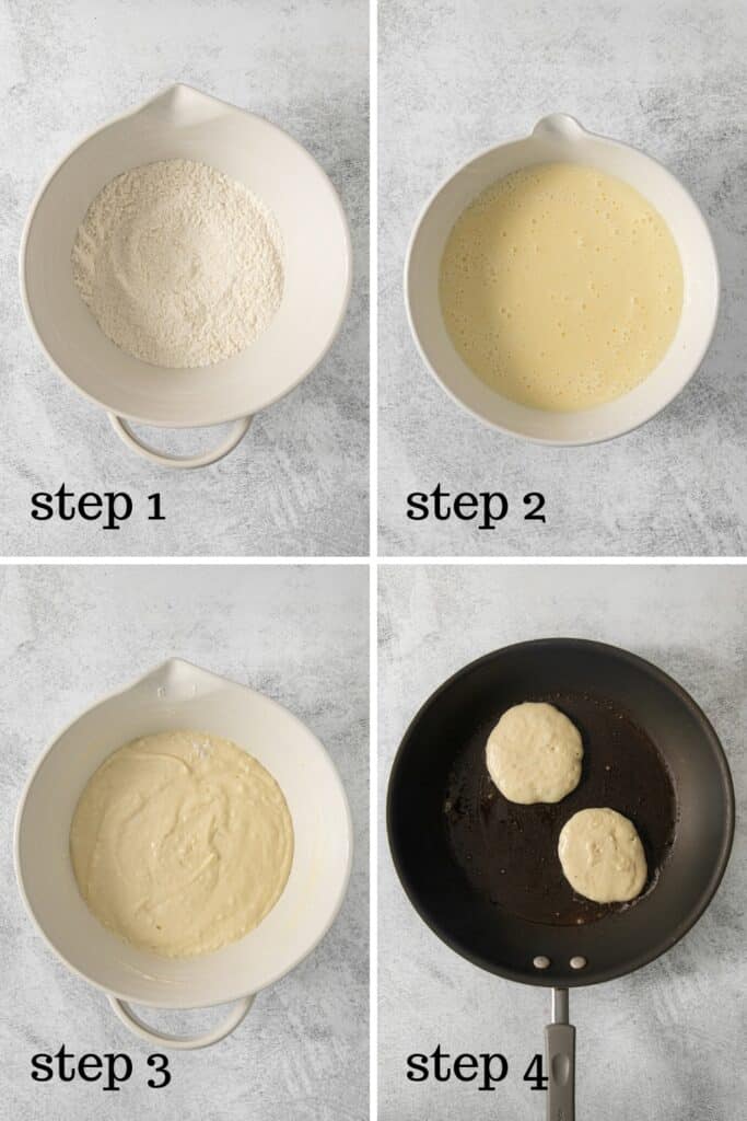 How to make batter for buttermilk pancakes, and cook the hotcakes in a skillet.