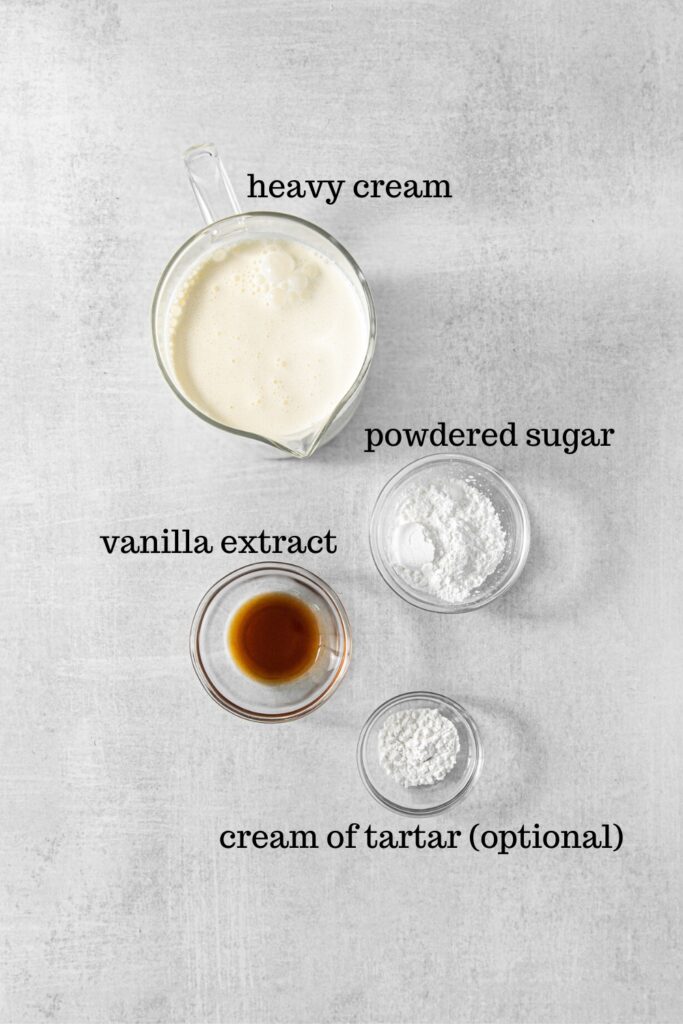 Ingredients for homemade vanilla whipped cream recipe.