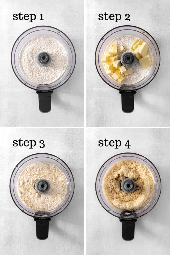 How to make the dough for a single deep-dish pie crust in 4 steps - images of the process in the bowl of a food processor.