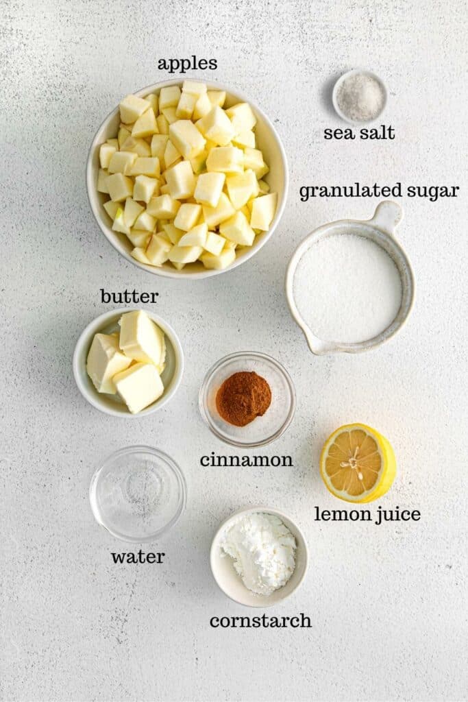 Ingredients for stovetop apple pie filling recipe.