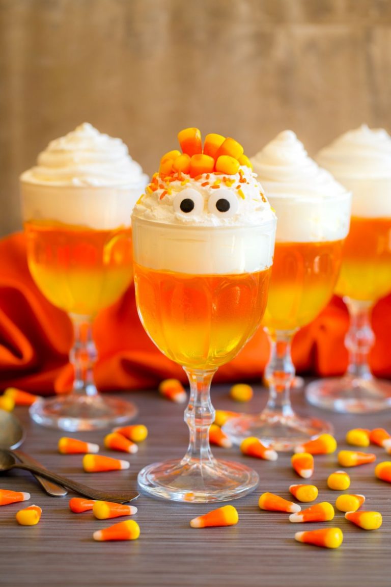 Candy corn jello cups: yellow/orange jello with a layer of whipped cream and candy corn.
