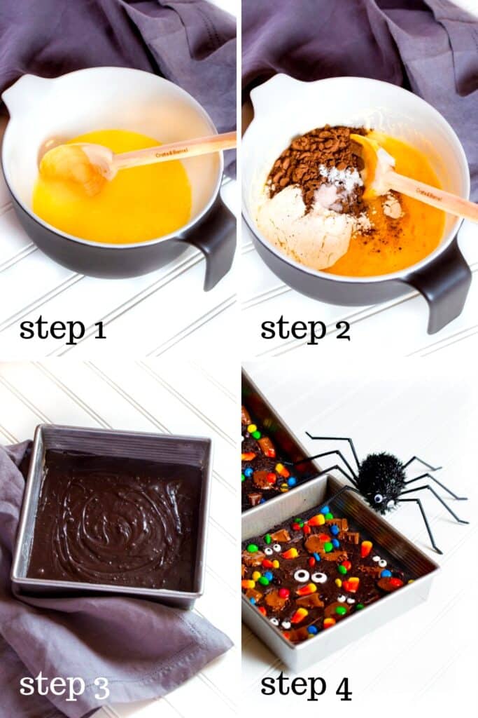 How to make homemade Halloween brownies topped with Halloween candy, step by step.
