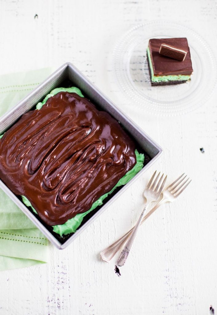 Mint Brownies with mint frosting and chocolate ganache.