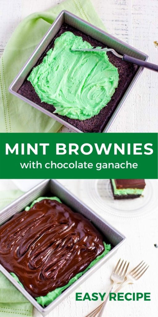 Mint brownies with chocolate ganache in a square baking pan.