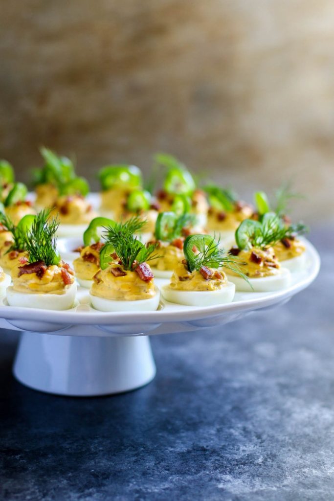 Easy Deviled Eggs made with bacon and jalapenos