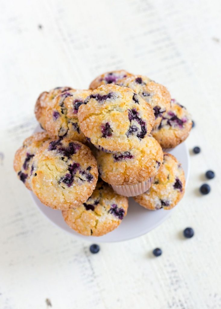 Lemon Blueberry Muffins on a cake stand