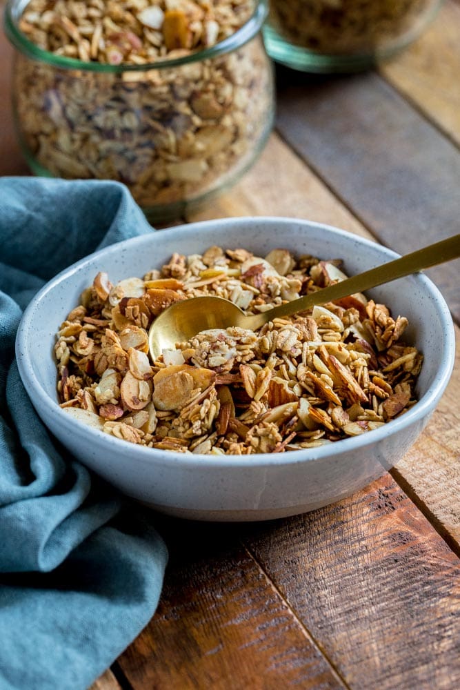 Granola in a bowl with a spoon