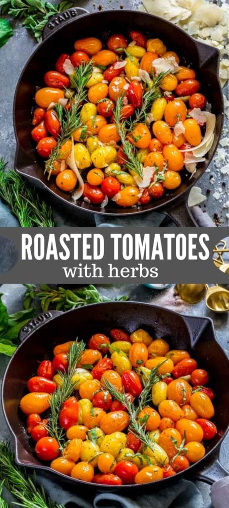 Pinterest image with two photos of roasted tomatoes with herbs in a cast iron skillet.