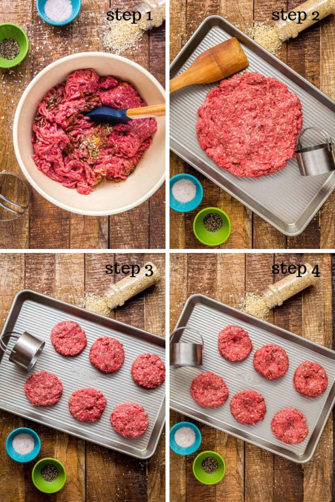 A collage of 4 images outlining steps for making this sliders recipe.