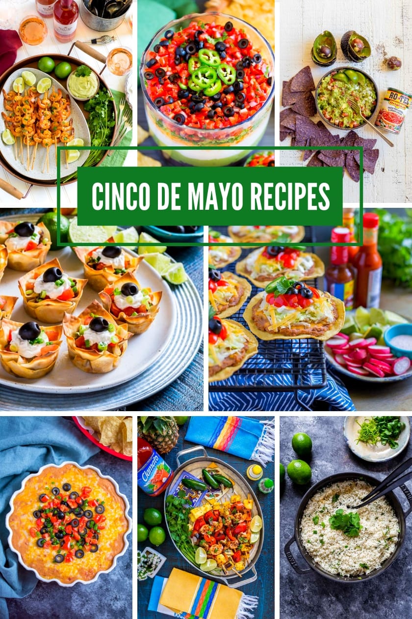 Image with 8 festive Cinco de Mayo recipes for Mexican party food.